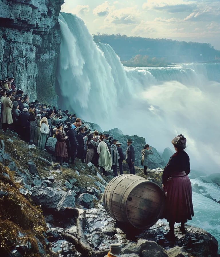 Annie Edson Taylor standing beside her custom-built wooden barrel, staring at the roaring waterfall