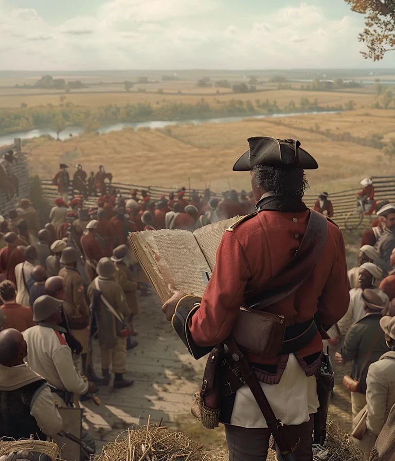 British officer reading Lord Dunmore’s proclamation to a gathering of enslaved men