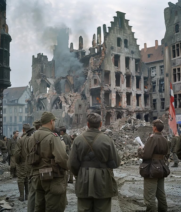 llied soldiers in olive drab uniforms overseeing the removal of political banners in a town square