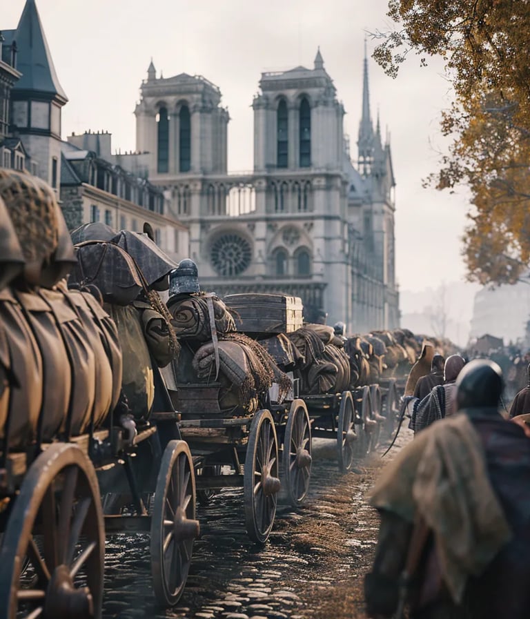 Jewish families, their belongings packed onto wooden carts, moving solemnly past the Notre Dame