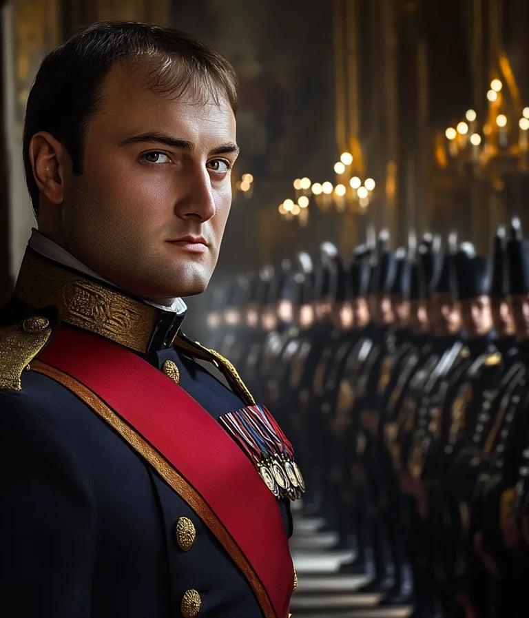  Napoleon Bonaparte standing before the French Council chambers, his military uniform crisp 