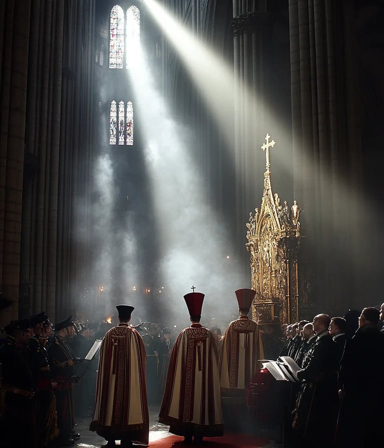 Paris, 1804, interior of Notre-Dame Cathedral at early morning: candlelit nave shimmering on French