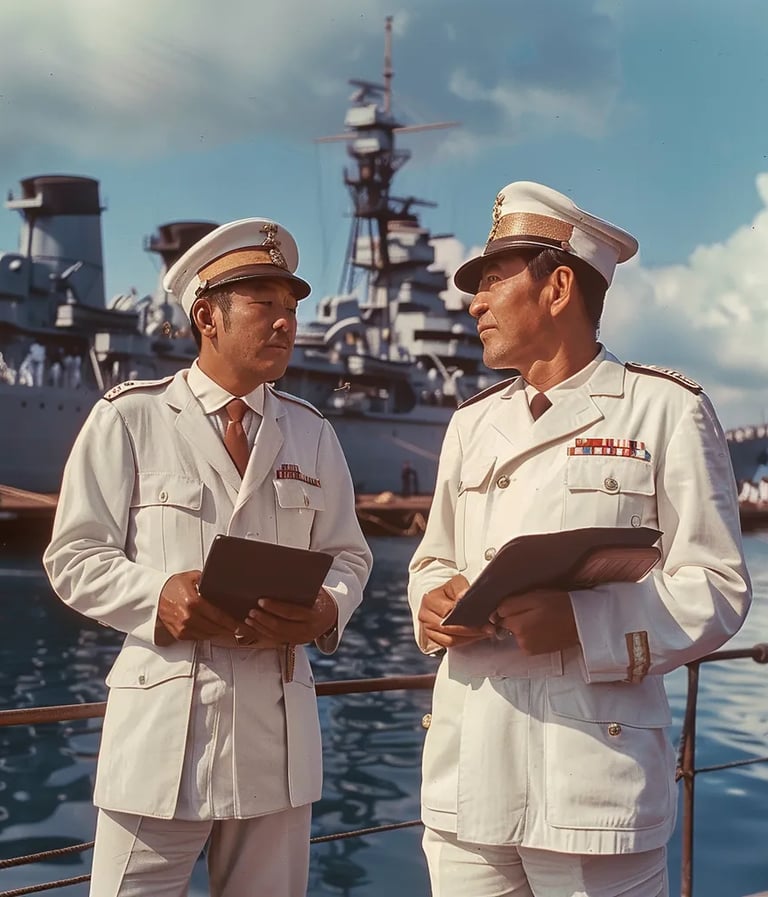 Japanese naval officers Suzuki and Maejima standing on the docks