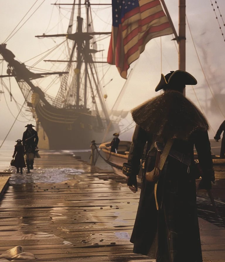  Benjamin Franklin, clad in a heavy wool coat and tricorn hat, stepping onto a wooden dock