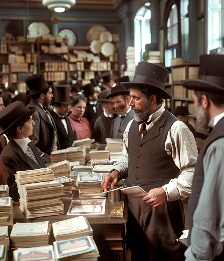 a crowded 19th-century post office, where a clerk in a waistcoat and rolled-up sleeves 
