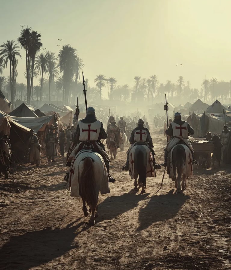 King Louis IX in chainmail hauberk and fleur-de-lis surcoat confers with Templar knights