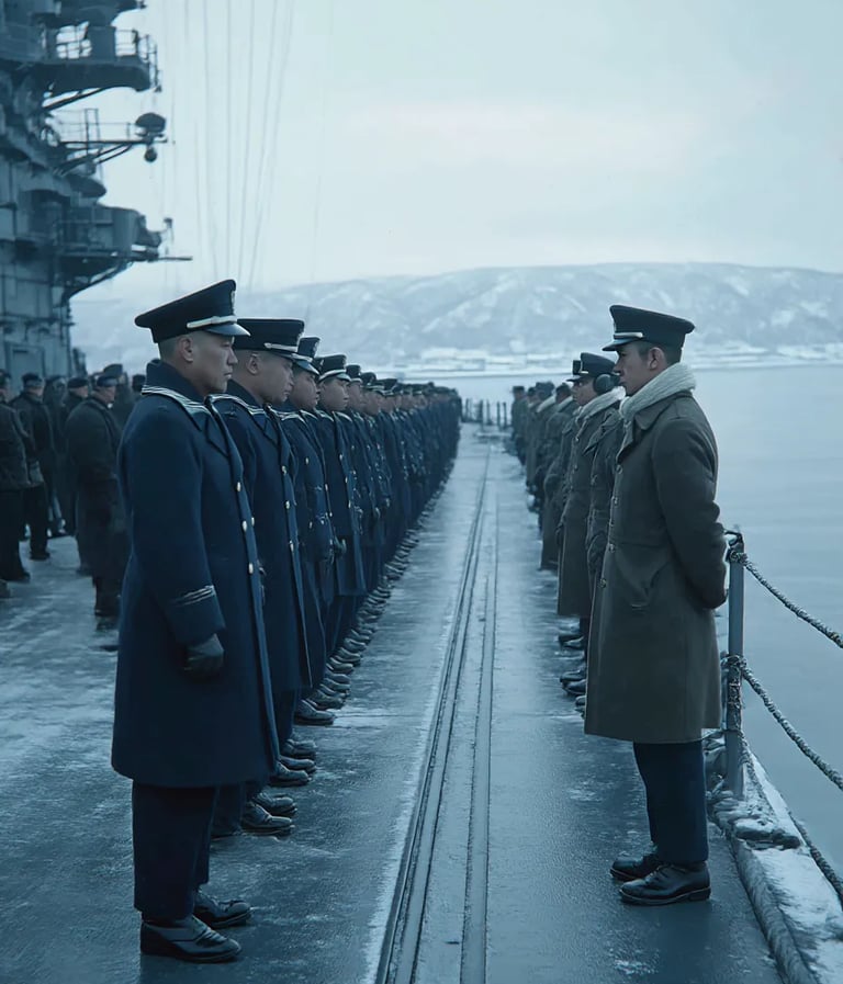 Hittokappu Bay, 1941, sub-arctic dawn: six carriers lie at anchor beneath snowy bluffs