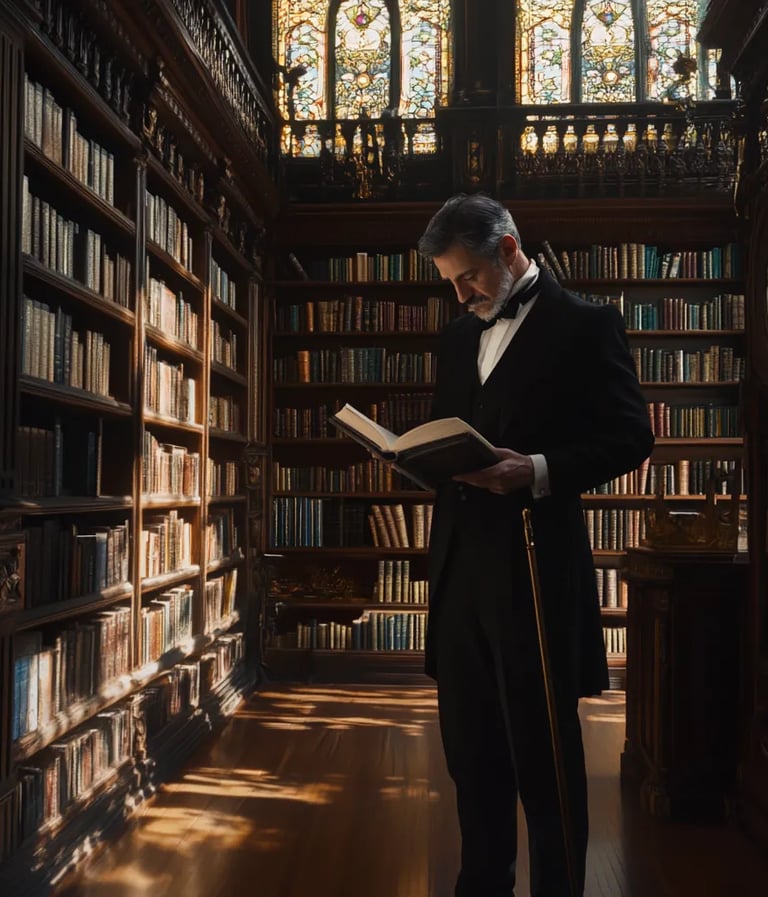 Prime Minister José Canalejas browsing books in a Madrid bookstore, late 19th-century
