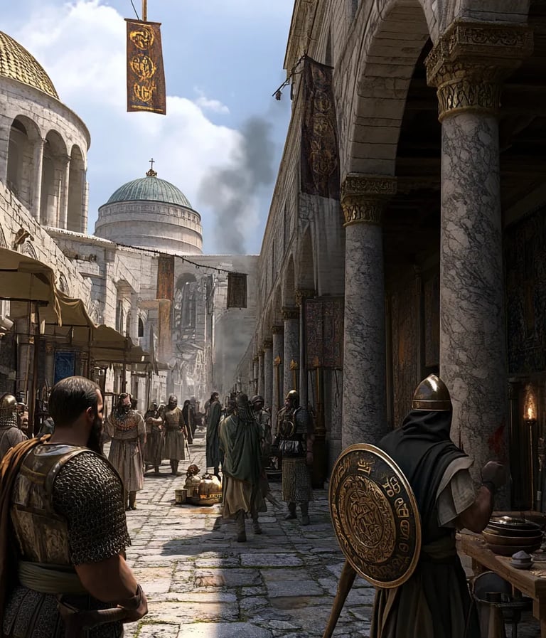 380 Constantinople street preparations for Emperor Theodosius' adventus, Roman crowds, Chi Rho banne