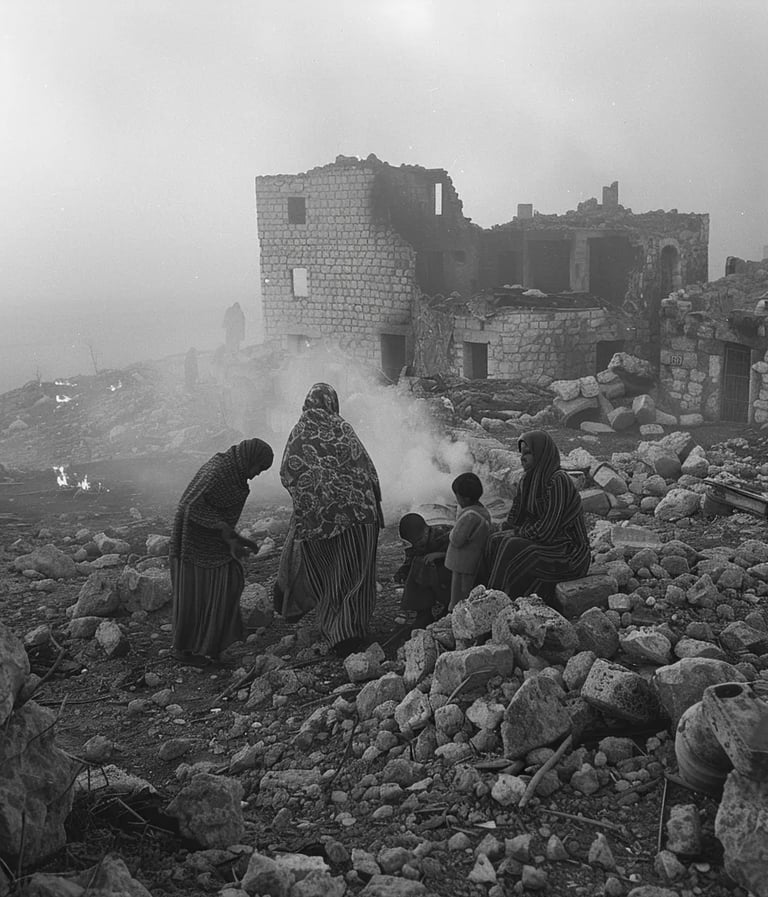  Jordanian village at dawn, its stone houses reduced to rubble