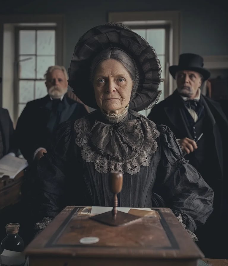 Susan B. Anthony, dressed in a dark Victorian gown and bonnet, standing at a polling station
