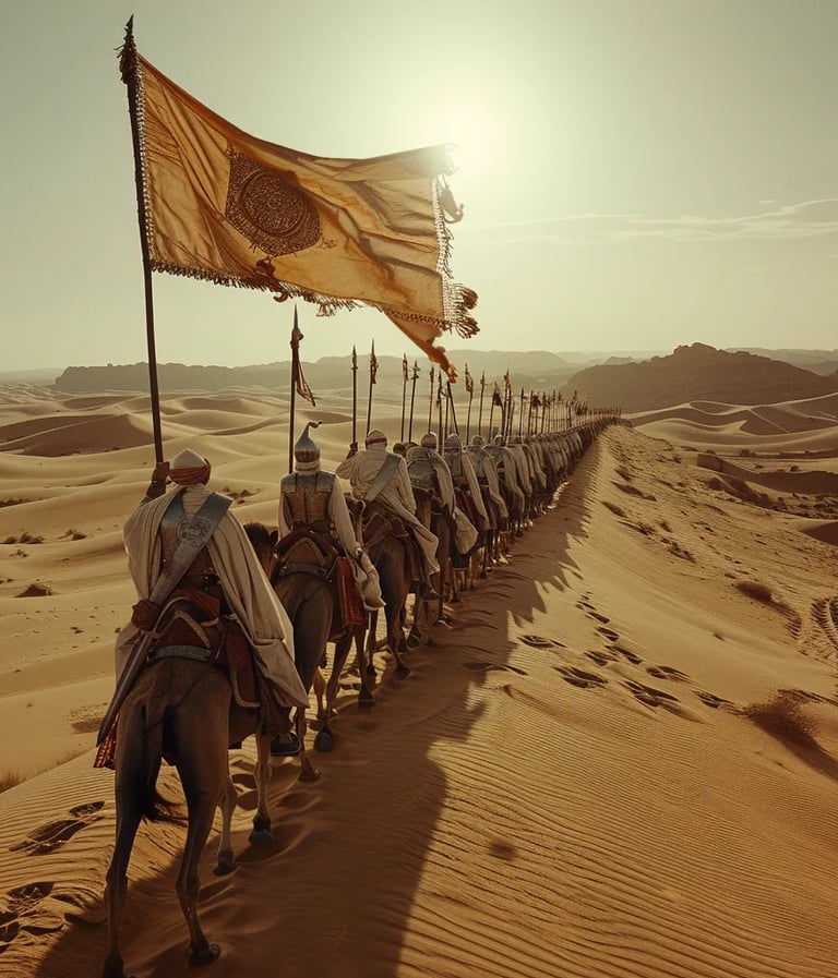 caravan of Moroccan soldiers and camels trudging through the endless golden dunes