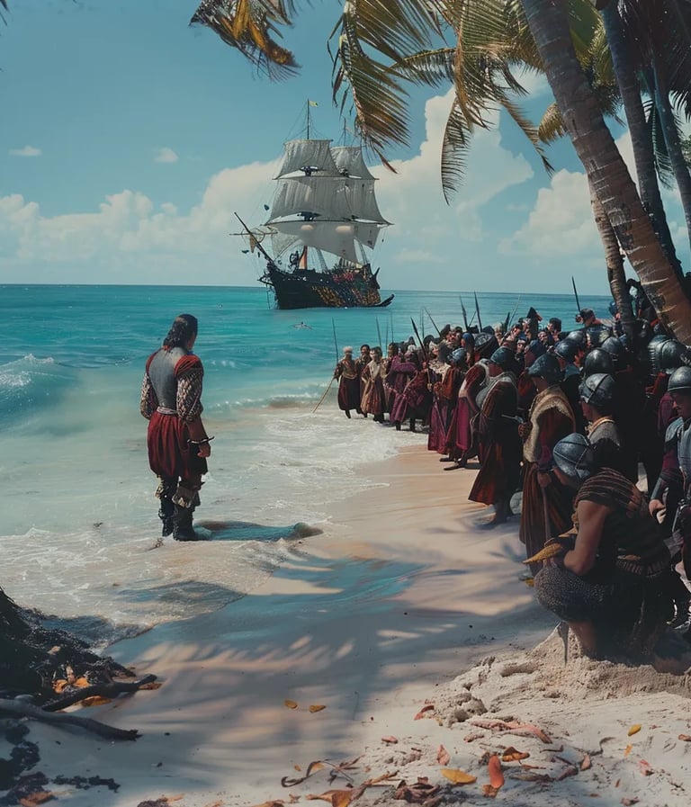 Christopher Columbus stepping onto the pristine shore