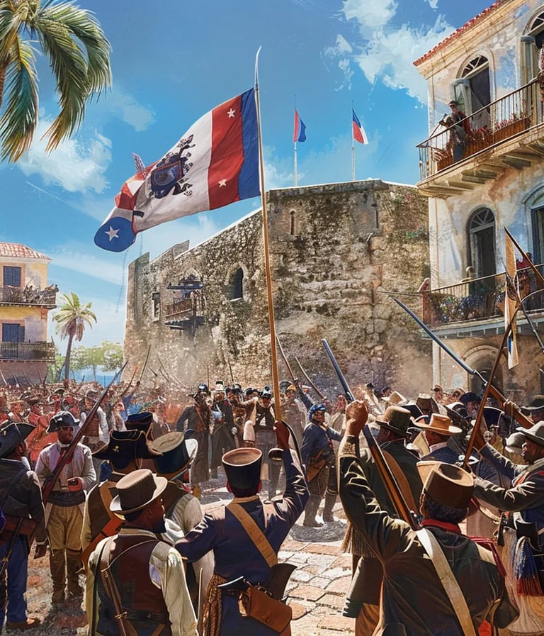 ominican revolutionaries gathered in the city square, raising the new national flag