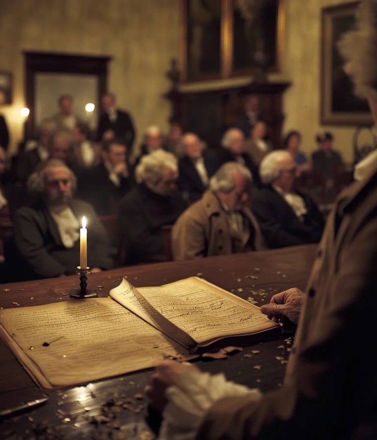 town hall gathering where colonial officials, dressed in powdered wigs and long coats