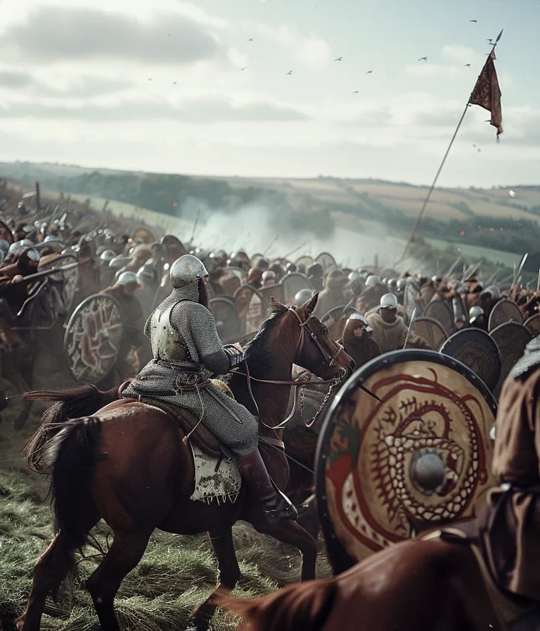 chaotic intensity of battle as Norman knights on horseback charge up the hill