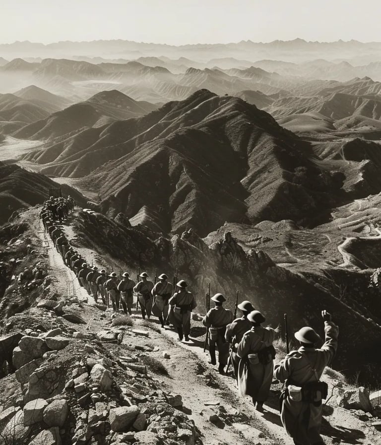 xhausted Red Army soldiers marching across a barren, mountainous landscape