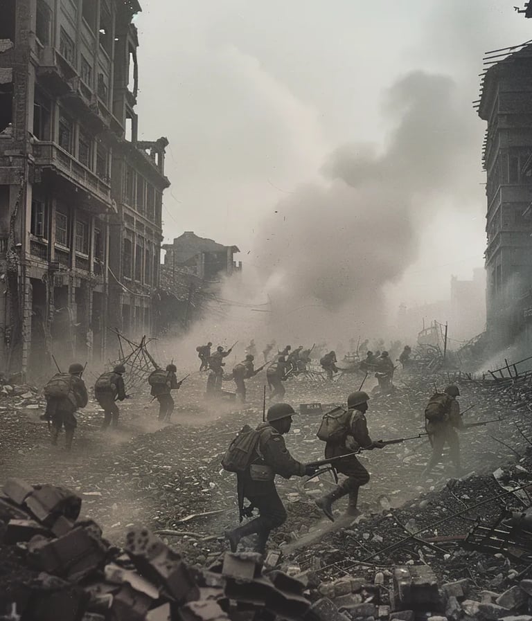 Shanghai, 1937 – Wide-angle shot of Japanese soldiers advancing through the rubble