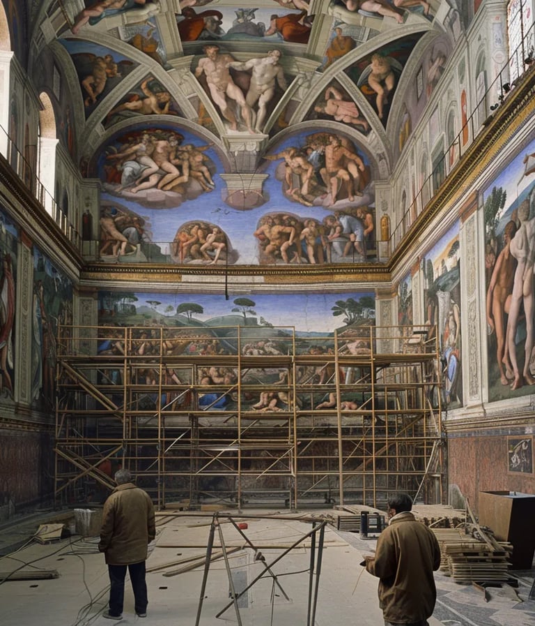 wooden scaffolding, at a nearly completed fresco