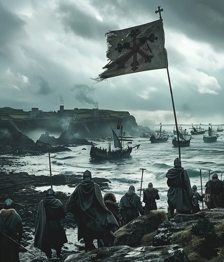 Papal troops disembarking from galleys onto rocky shores