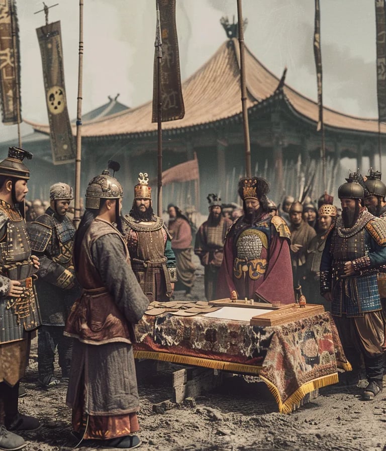 war-weary Song general presenting the peace treaty to a Jin envoy beneath a silk-draped pavilion