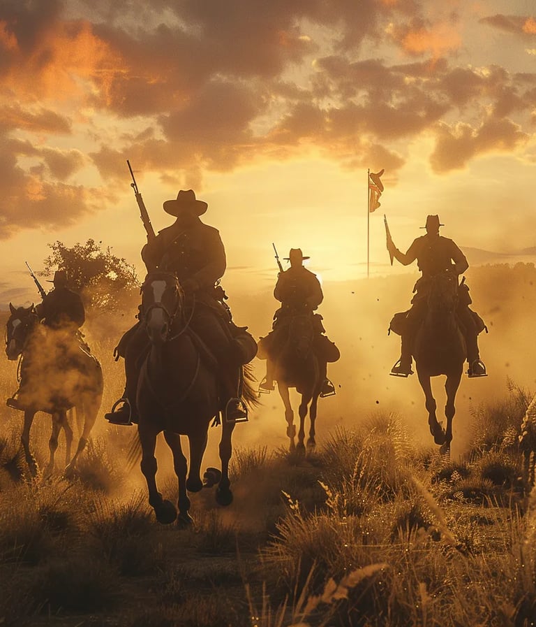 Boer commandos in dusty slouch hats riding across the golden plains