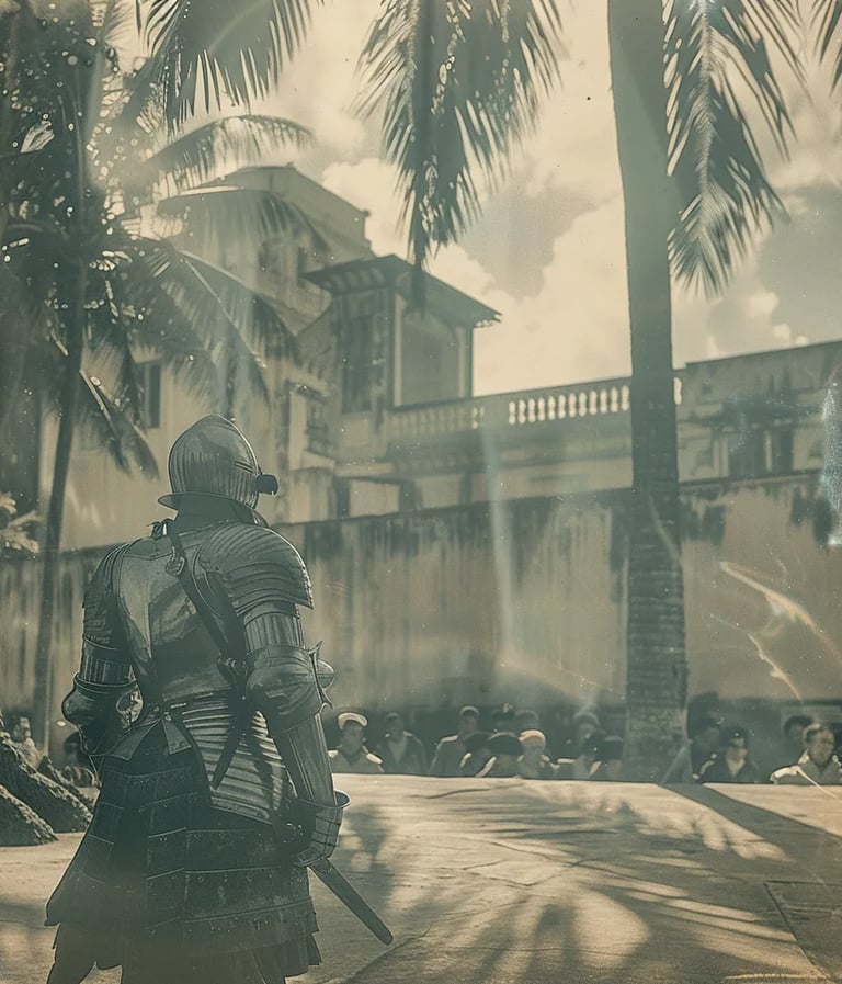 a lone soldier in full Spanish armor, standing guard outside the governor’s palace