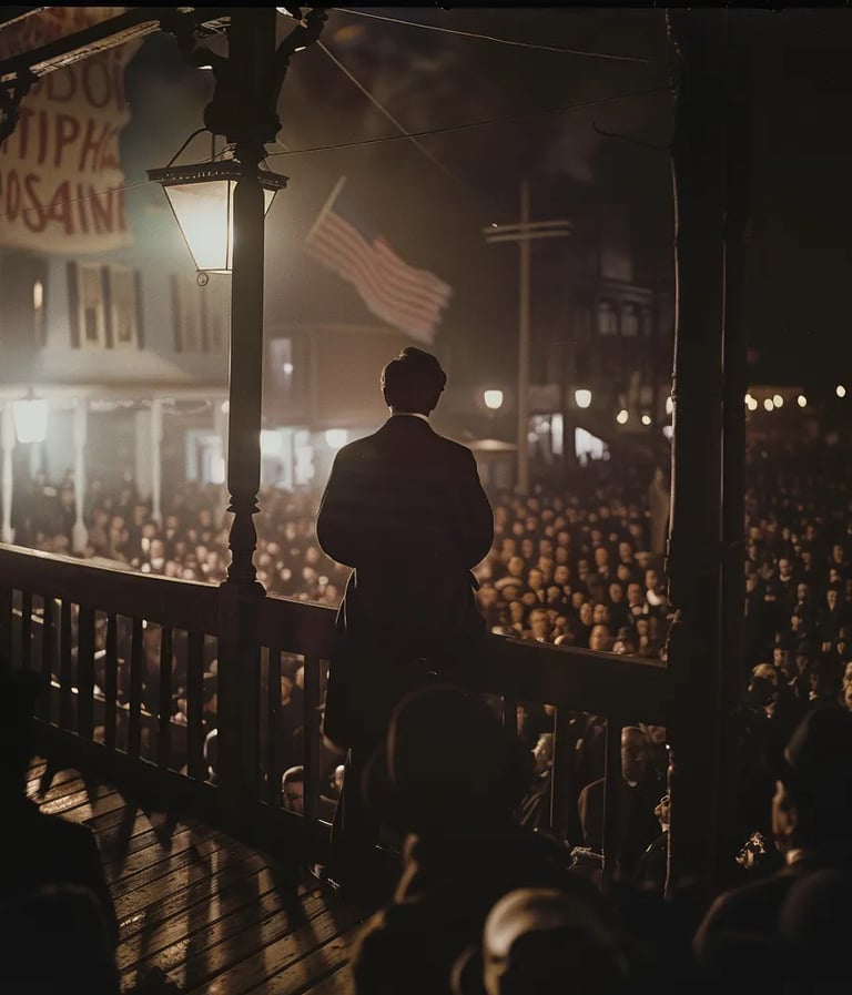 Abraham Lincoln standing on a wooden balcony, addressing a crowd
