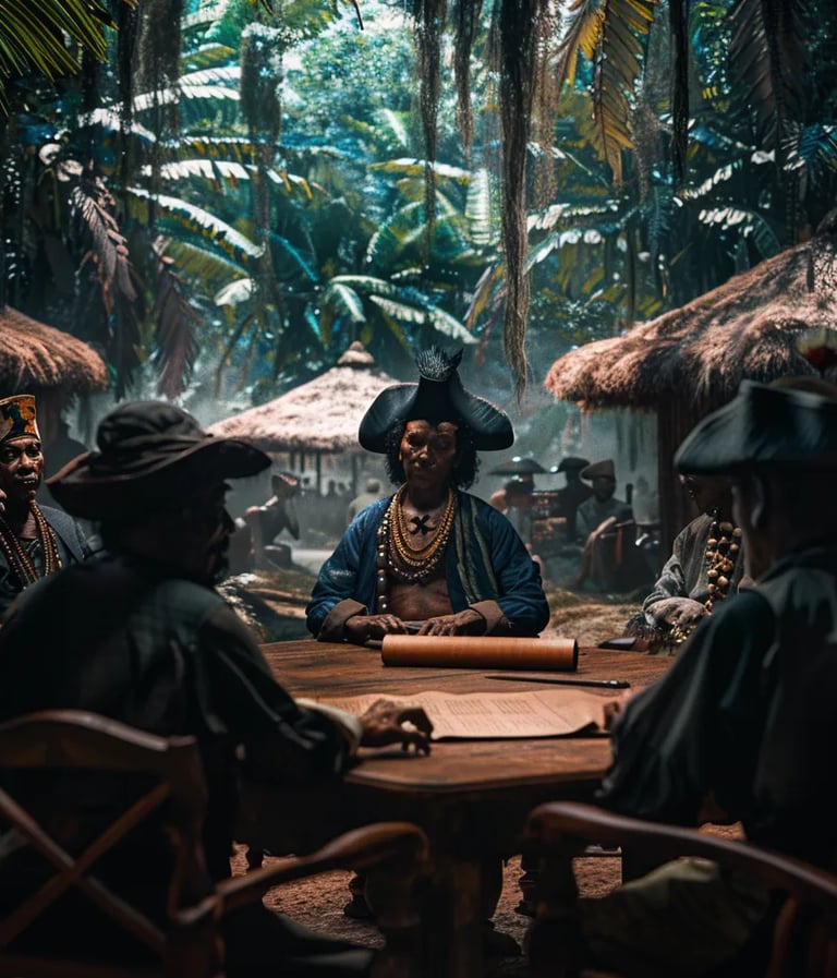  Ndyka Maroon leaders in indigo-dyed loincloths and bead necklaces seated across from Dutch official