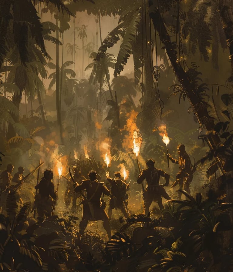 group of Maroons, armed with machetes and muskets, prepare an ambush near a Dutch
