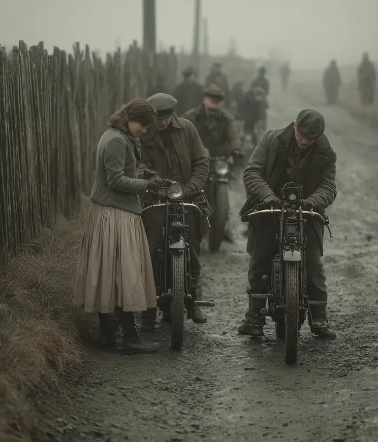 Early morning mist on a muddy Surrey country road in 1897, leather-clad riders adjust goggle