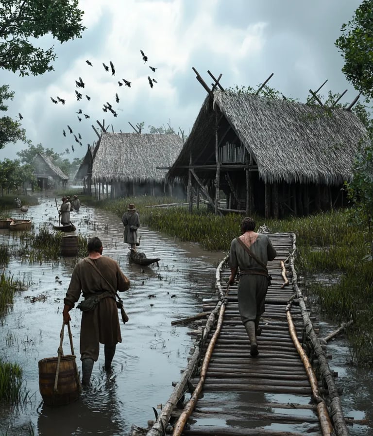 tropical lowland near southern Cuba, 1519, early Spanish settlement surrounded by marshland and dens