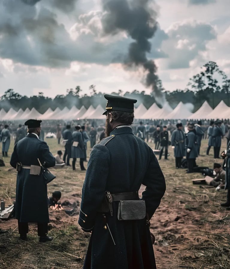 Union Army Camp, Mississippi, 1862 – Wide-angle shot of General Ulysses S. Grant standing before his