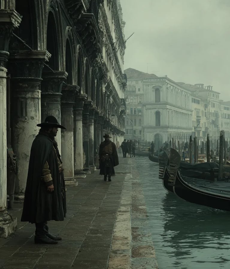 A Venetian physician in a black cloak and wide-brimmed hat observes