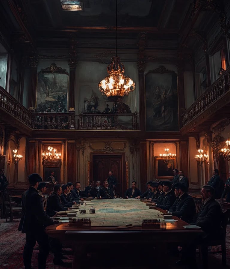 War Council in Santiago: In a grand colonial hall lit by oil lamps