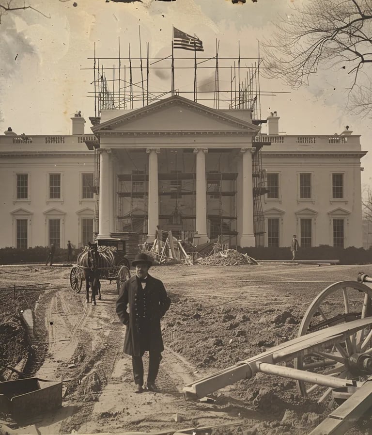 the newly built White House, still surrounded by construction materials and scaffolding