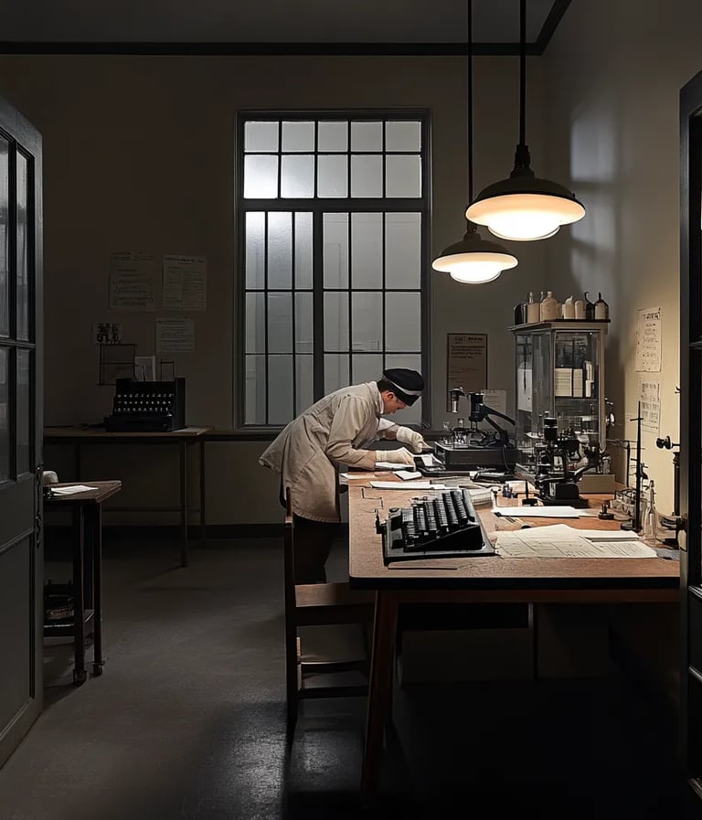1932 FBI lab opens, examiner arranges tools, radios, microscope.