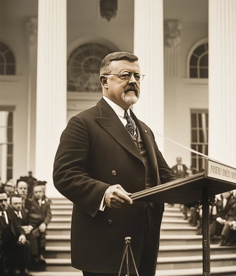 President Theodore Roosevelt standing before a gathering of journalists