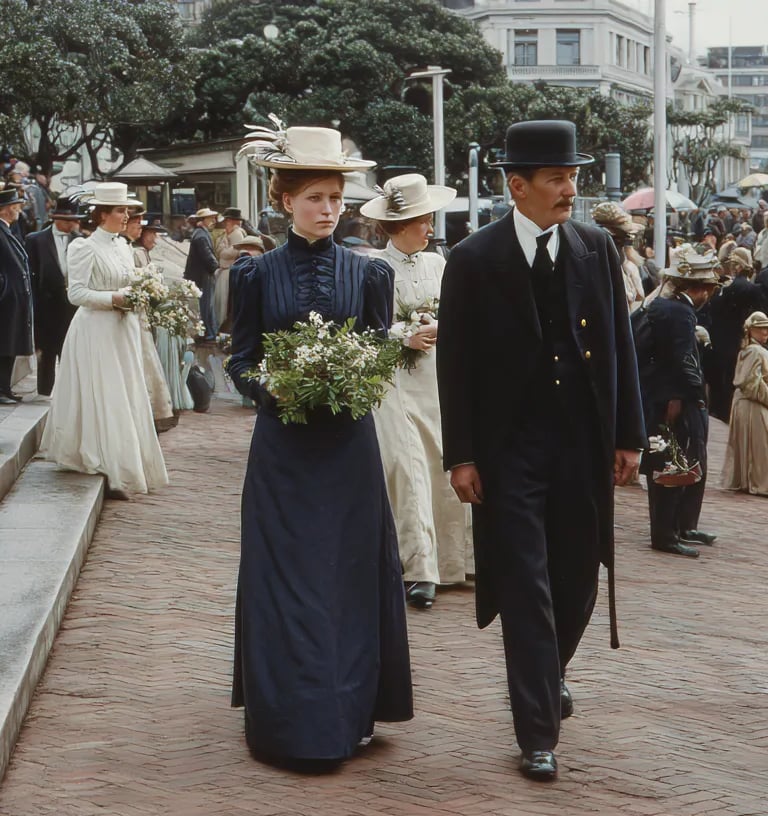 Early spring morning outside Parliament House, women in navy blue and cream Edwardian dresses clutch