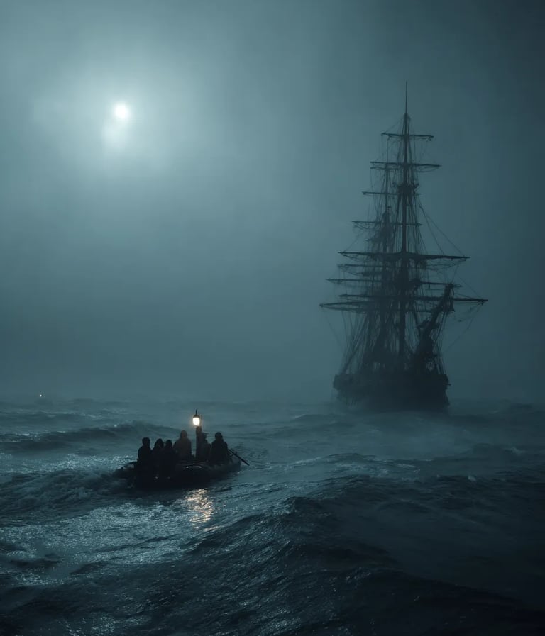 Medusa’s fractured bow and broken mizzenmast protrude from tumultuous waves under a storm-swept sky