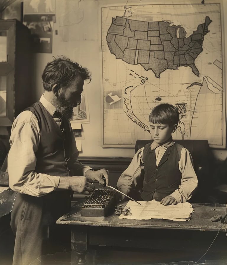 f a telegraph operator in a waistcoat and rolled-up sleeves tapping out the first transcontinental m