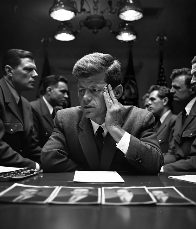 President John F. Kennedy seated at the long wooden table, his fingers pressed against his temple 