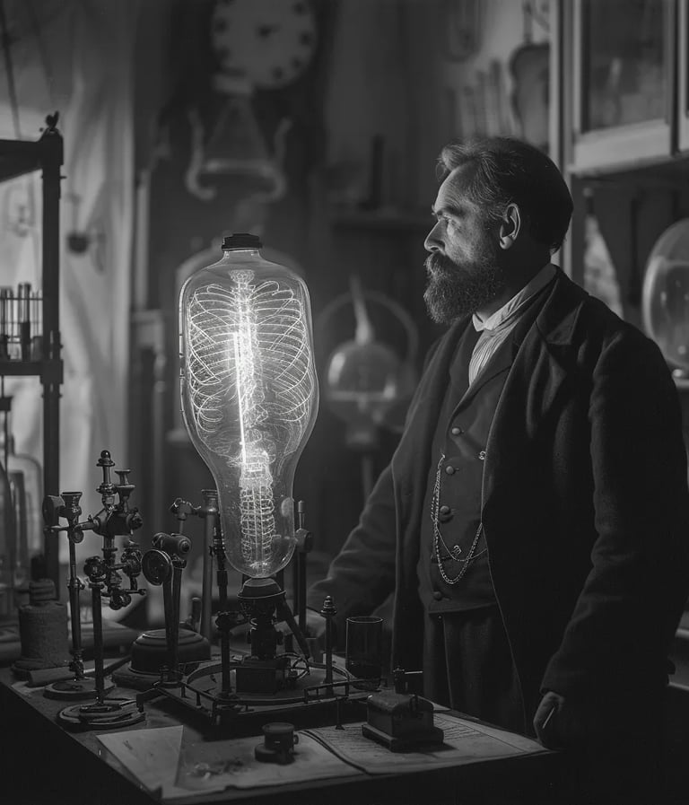 Wilhelm Röntgen’s dimly lit laboratory, cluttered with scientific equipment