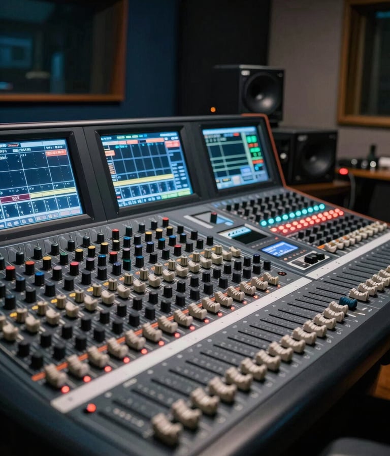 A photography of a professional sound mixing console in a modern, Dark Navy studio setting, glowing screens, technical precision, Southern European / Spanish context.