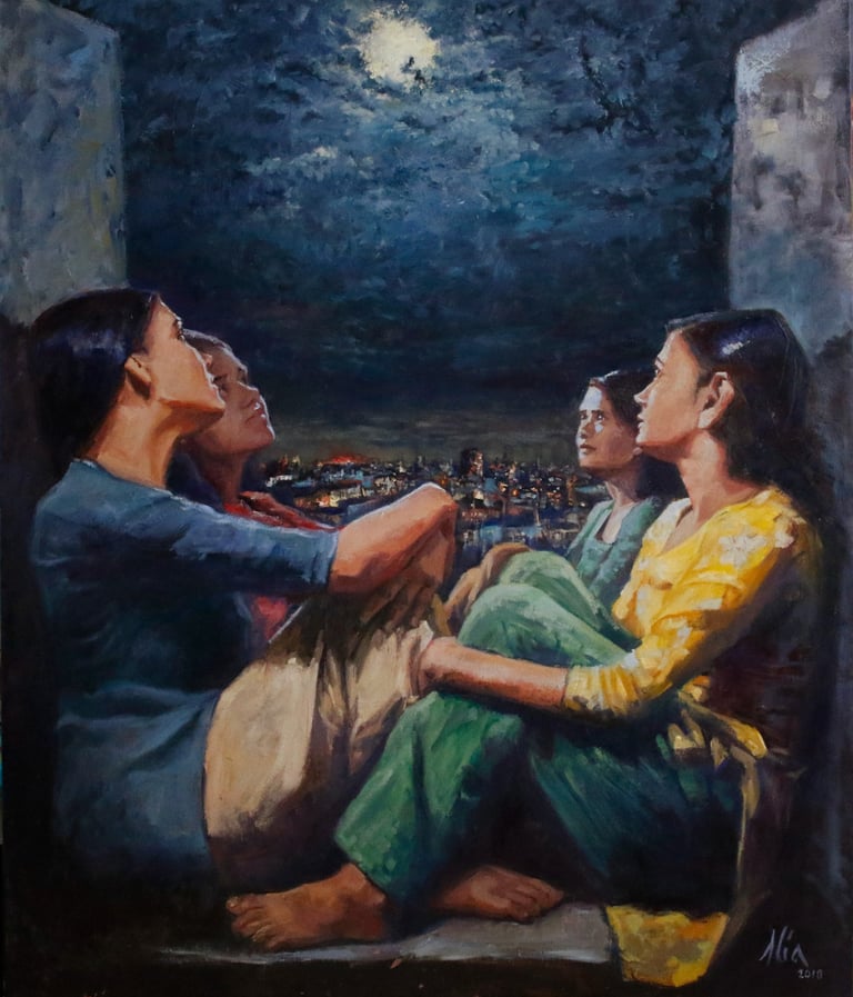 a painting of four women sitting on a rooftop at night staring at the moon