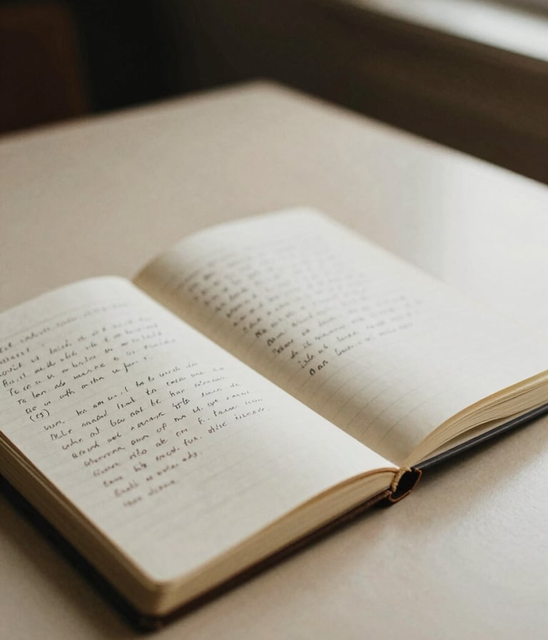 Grainy film photography, close-up of an open, well-worn journal with handwritten notes in faded ink (#8C735F) on a warm cream table (#F8F3EC). Soft, underexposed lighting from a nearby window, intimate and quiet mood, indie zine aesthetic.