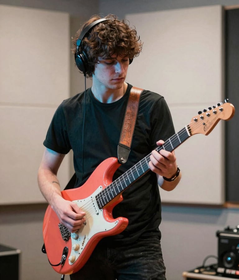 A professional solo artist in a modern International / English-speaking recording studio. The artist is holding an electric guitar, with bright turquoise and vibrant coral lighting reflecting off the soft off-white acoustic panels in the background. High-energy, professional photography.