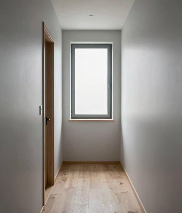 A vertical photograph of a minimalist corridor in a modern Northern European home. The walls are light silver and the floor is pale wood. A single window at the far end provides a bright focal point, creating a sense of depth and tranquility.