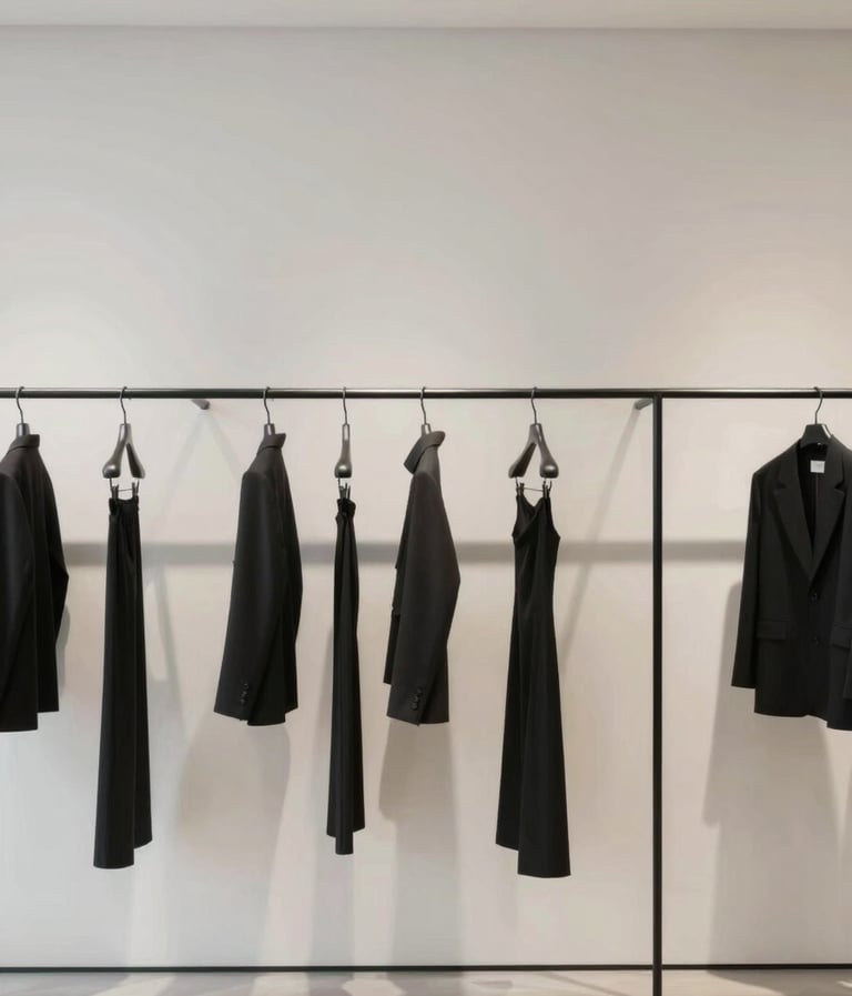 Atmospheric wide shot of a minimalist showroom featuring pieces from the collection on clean black hangers against a light #F8F8F8 wall. Elegant and exclusive mood.