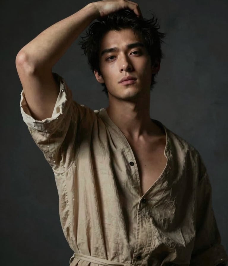 A sophisticated artistic portrait of a person in a dramatic pose, inspired by Baroque paintings. Strong Chiaroscuro lighting creating deep shadows and highlights. The background is a textured dark wall in #363131. The subject wears fabric with textures in #A3533F and #D5BFB3. Professional studio lighting, cinematic atmosphere.